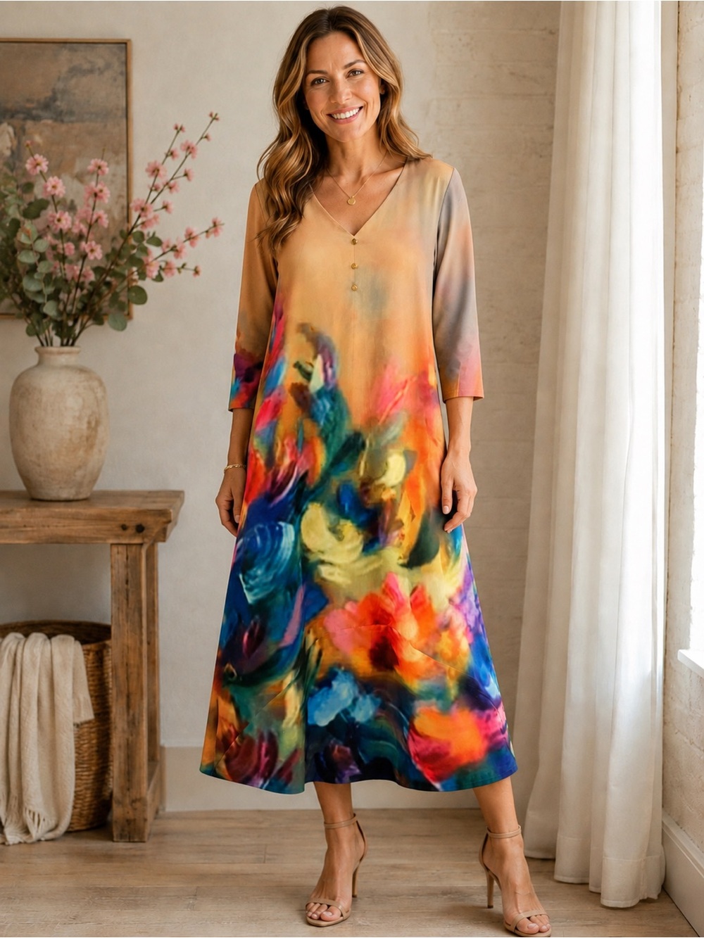 COZY Multicolor Floral Print Women's Dress Large NWT